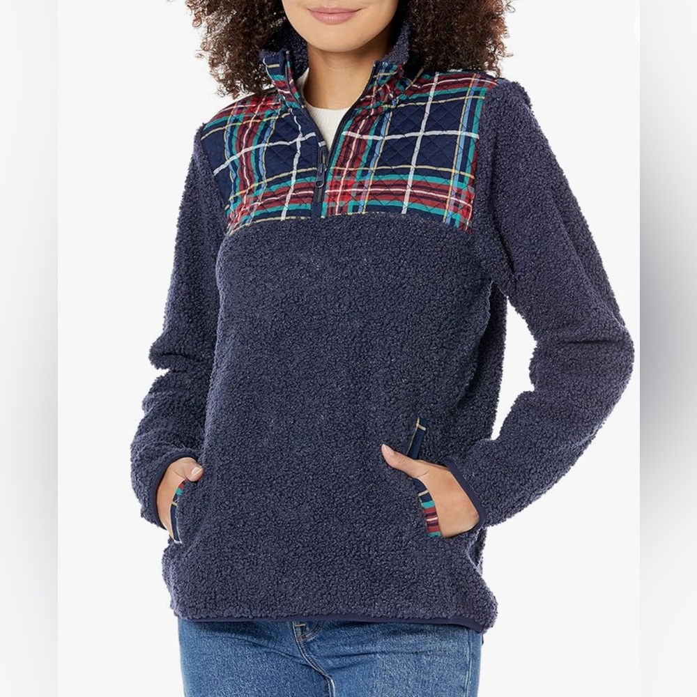 Vera Bradley Women's Teddy Fleece Blue Pullover 1/4 Zip Tartan Plaid Size 2XL